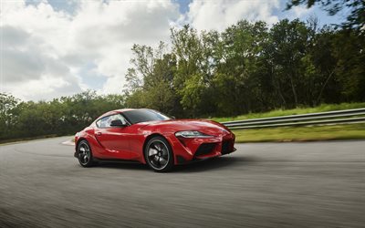 Toyota Supra, 2019, 5th generation, red sports coupe, exterior, new red Supra, Japanese cars, Toyota