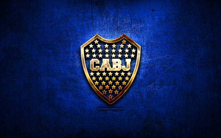 Boca Juniors FC, golden logo, Argentine Primera Division, blue abstract background, soccer, Argentinian football club, Boca Juniors logo, football, CA Boca Juniors, CABJ, Argentina