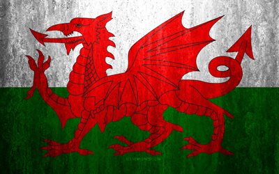 Flag of Wales, 4k, stone background, grunge flag, Europe, Wales flag, grunge art, national symbols, Wales, stone texture