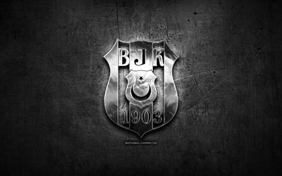 Besiktas JK, silver logo, Super Lig, black abstract background, soccer, turkish football club, Besiktas logo, football, Besiktas FC, BJK, Turkey
