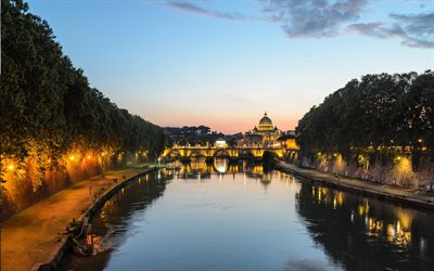 Rome, evening, Tiber river, bridges, beautiful city, cityscape, Italy