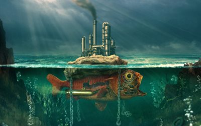 ilha da planta, mundo subaqu&#225;tico, Arte 3D, criativo, peixe com uma ilha, mar, rochas