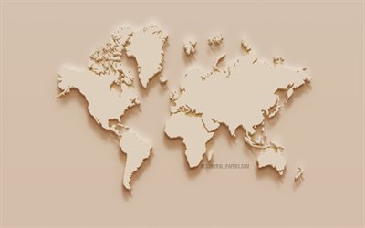 World map, creative art, beige plaster world map, wall texture, world map concepts, 3D map