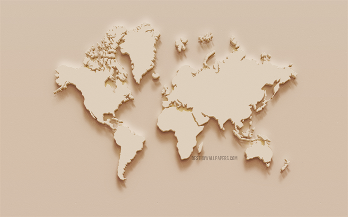 Mapa del mundo, arte creativo, beige yeso mapa del mundo, la textura de la pared, mundo, mapa de conceptos, mapa 3D