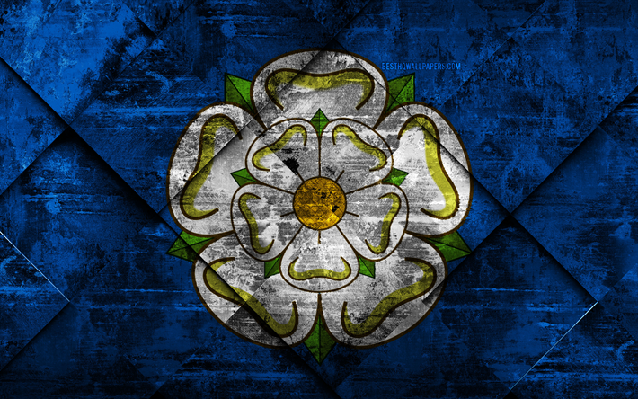 flagge von yorkshire, 4k, grunge, kunst, rhombus grunge-textur, die grafschaften von england, yorkshire flagge, england, nationale symbole, yorkshire, united kingdom, kreative kunst