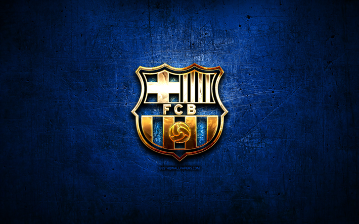 Barcelona FC, golden logo, LaLiga, blue abstract background, soccer, spanish football club, Barcelona logo, football, Barcelona, FCB, Spain, La Liga