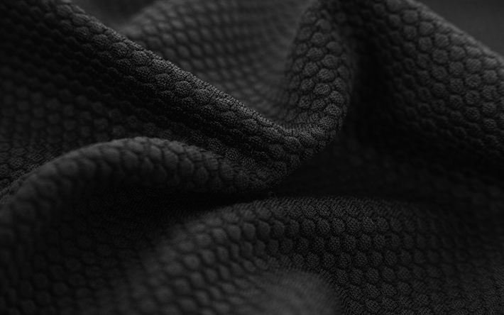 黒色織物質感, 4k, 黒波質感, 波織の背景, 生地の質感, 黒い背景