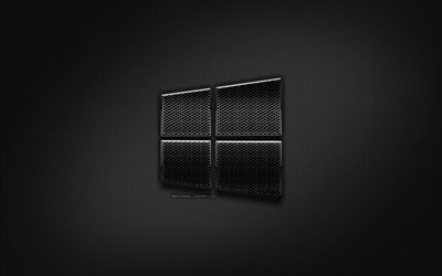 Windows 10 logotipo negro, creativo, rejilla de metal de fondo, Windows 10 logotipo, marcas, Windows 10