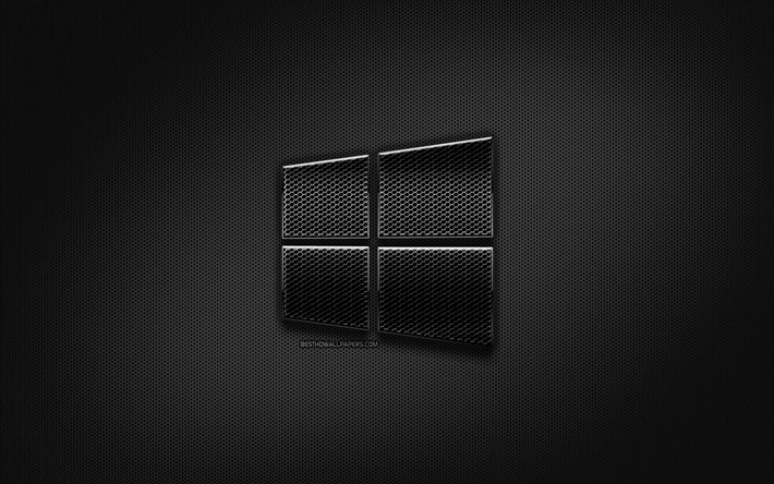 windows 10 schwarz logo -, kreativ -, metall-raster-hintergrund, windows-10-logo -, marken -, windows 10