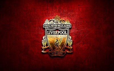 Liverpool FC, golden logo, Premier League, LFC, red abstract background, soccer, english football club, Liverpool logo, football, Liverpool, England