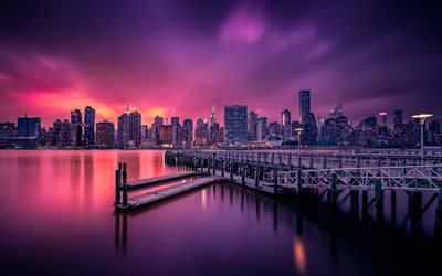New York, sunset, skyline, skyskrapor, r&#246;d himmel, kv&#228;ll, NY skyline, moderna st&#228;der, metropol, USA