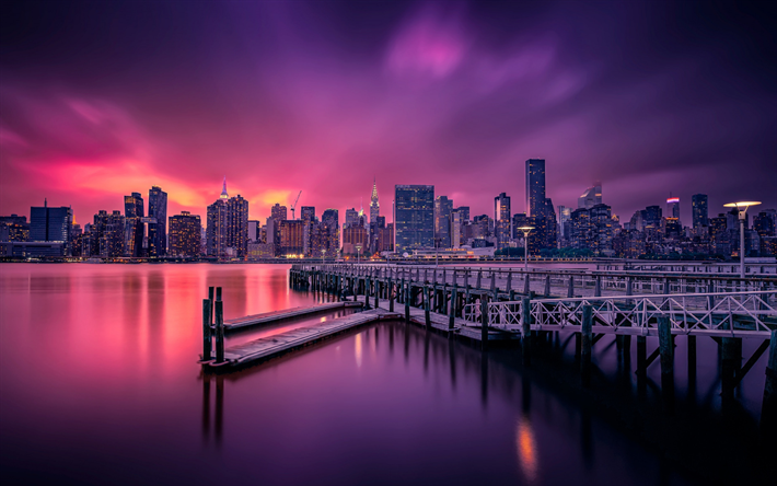 New York, sunset, skyline, pilvenpiirt&#228;ji&#228;, punainen taivas, illalla, NY skyline, moderni kaupungeissa, metropoli, USA