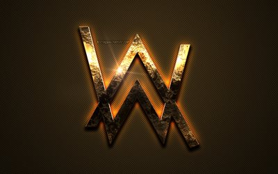 Alan Walker gold logo, arte creativo, oro textura, noruego DJ, marr&#243;n textura de fibra de carbono, Alan Walker emblema de oro, Alan Walker, marcas