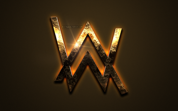 alan walker gold-logo, creative art, gold textur, norwegische dj, brown carbon-faser-textur, alan walker gold-emblem, alan walker, marken