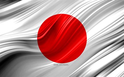 4k, drapeau Japonais, les pays d&#39;Asie, la 3D, les vagues, le Drapeau du Japon, les symboles nationaux, le Japon 3D drapeau, art, Asie, Japon