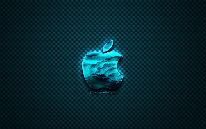 Apple青色のロゴ, 創ブルーアート, リンゴエンブレム, 紺色の背景, Apple, ロゴ, ブランド