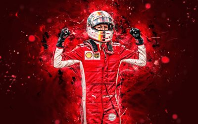 4k, Sebastian Vettel, joy, Scuderia Ferrari, german racing drivers, neon lights, Formula 1, Vettel Ferrari, F1 2019, F1, Ferrari
