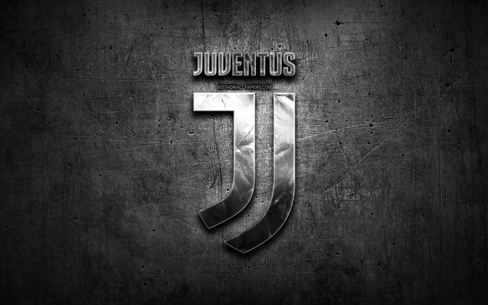 Juventus FC, logo en argent, Serie A, noir, abstrait, fond, football, football italien du club, le logo de la Juventus, le football, la Juventus, la Juve, Italie