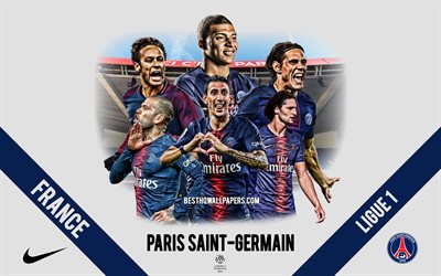 1 Paris Saint-Germain, PSG, Fransız Futbol Kul&#252;b&#252;, futbolcuları, liderleri, PSG logosu, amblemi, T&#252;rk, Paris, Fransa, yaratıcı sanat, futbol, Her, Kylian Mbappe, Edinson Cavani