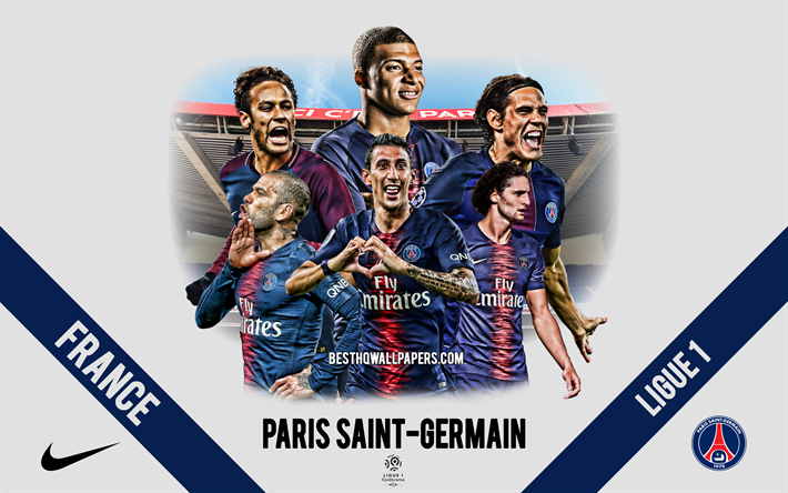 Paris Saint-Germain, PSG, French football club, football players, leaders, PSG logo, emblem, Ligue 1, Paris, France, creative art, football, Neymar, Kylian Mbappe, Edinson Cavani