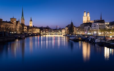 Zurich, Grossmunster, Fraumunster, evening, river, sunset, landmark, Zurich cityscape, Switzerland