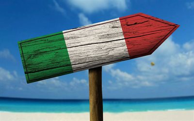 العلم الإيطالي, السهم الخشبي, 4k, الرموز الوطنية, علم إيطاليا, السهم مع العلم الإيطالي, إيطاليا, الاروبي البلدان, إيطاليا 3D العلم