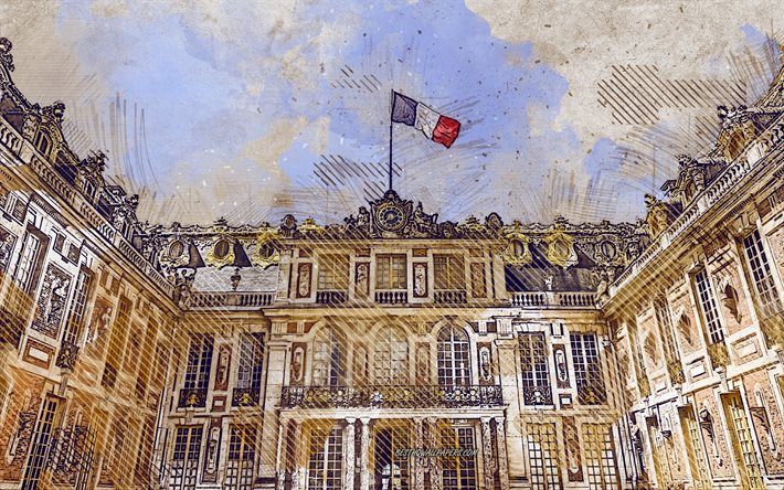 Versailles, Paris, Fransa, grunge sanat, yaratıcı sanat, boyalı Versailles, &#231;izim, Versailles grunge, dijital sanat, Fransa bayrağı grunge, Paris grunge