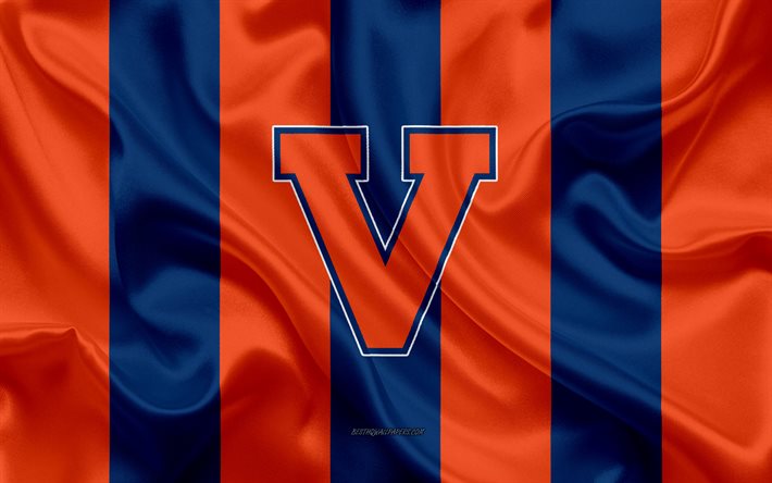 Virginia Cavaliers, equipo de f&#250;tbol Americano, el emblema, la bandera de seda, de color naranja-azul de seda textura, de la NCAA, Virginia Cavaliers logotipo, Charlottesville, Virginia, estados UNIDOS, el f&#250;tbol Americano de la Universidad de V