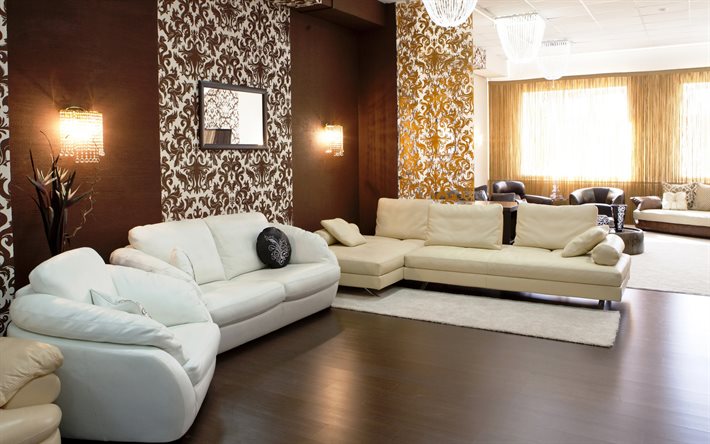 bruna rummet, vita soffor, modern interiör, modern design, hall, brun inredning