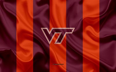 Virginia Tech Hokies, American football team, emblem, silk flag, orange burgundy silk texture, NCAA, Virginia Tech Hokies logo, Blacksburg, Virginia, USA, American football