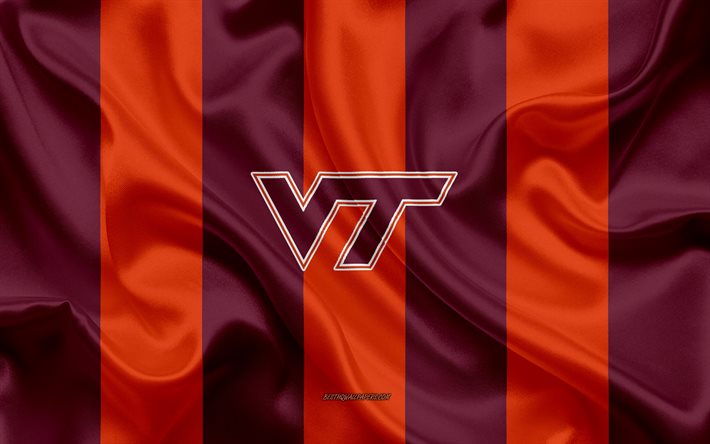 Virginia Tech Hokies, Amerikkalainen jalkapallo joukkue, tunnus, silkki lippu, oranssi viininpunainen silkki tekstuuri, NCAA, Virginia Tech Hokies logo, Blacksburg, Virginia, USA, Amerikkalainen jalkapallo