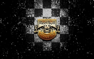 Red Bull Bragantino FC, glitter logo, Serie A, black white checkered background, soccer, Red Bull Bragantino, brazilian football club, Red Bull Bragantino logo, mosaic art, football, Brazil, RB Bragantino