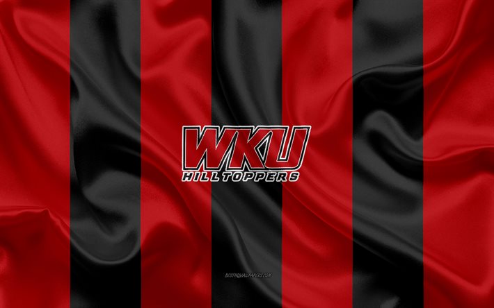 Western Kentucky Hilltoppers, Time de futebol americano, emblema, seda bandeira, vermelho-preto de seda textura, NCAA, Western Kentucky Hilltoppers logotipo, Bowling Green, Kentucky, EUA, Futebol americano