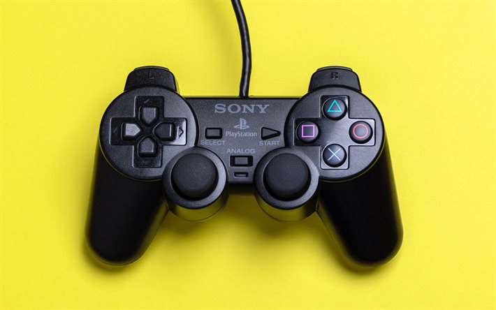 Sony Playstation joystick, 4k, oyun konsolu, joystick, sarı arka planlar, Sony Playstation