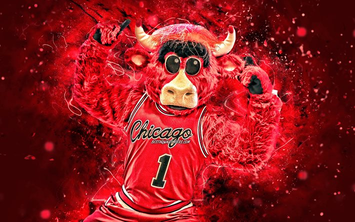 Benny the Bull, 4k, mascotte, Chicago Bulls, rosso, luci al neon, NBA, creativo, USA, Benny, NBA mascotte, mascotte ufficiale, Benny mascotte