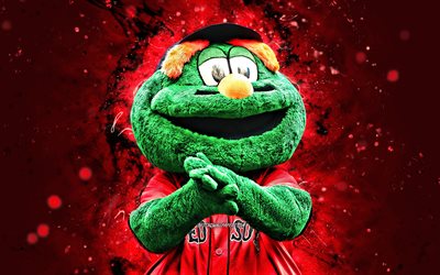 Wally the Green Monster, 4k, mascot, Boston Red Sox, baseball, MLB, creative, USA, neon lights, Boston Red Sox mascot, MLB mascots, official mascot, Wally the Green Monster mascot, Wally the Green Monster Red Sox