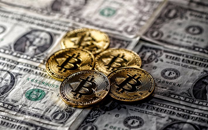 Bitcoins on the american dollars, Bitcoin, cryptocurrency, electronic money, money background, currency concepts, bitcoin exchange concepts, Bitcoin Gold Coins