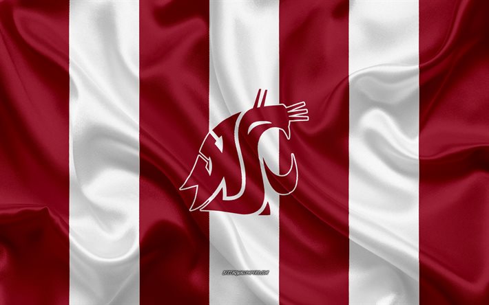 Washington State Cougars, American football team, emblem, silk flag, burgundy white silk texture, NCAA, Washington State Cougars logo, Pullman, Washington, USA, American football