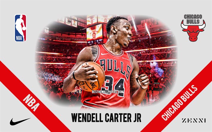 Wendell Carter Jr, Chicago Bulls, - Jogador De Basquete Americano, NBA, retrato, EUA, basquete, United Center, Chicago Bulls logotipo