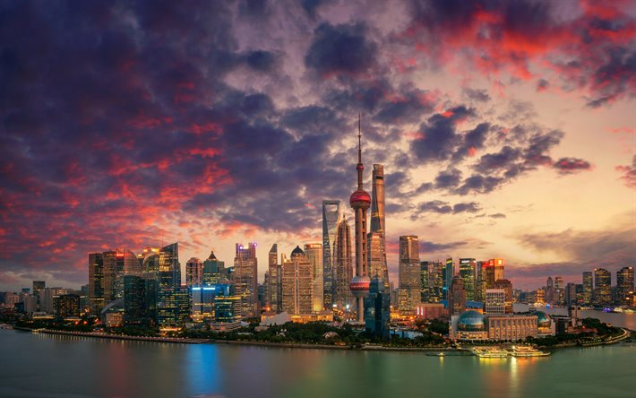 4k, Shanghai, panorama, metropolis, modern buildings, sunset, skyscrapers, China, Asia, Shanghai in evening