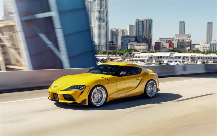 2020, Toyota GR Supra, front view, exterior, yellow sports coupe, new yellow Supra, japanese sports cars, Toyota