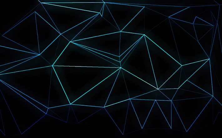 neon geometric shapes, network concepts, geometry, creative, black backgrounds, blue neon lines, geometric shapes