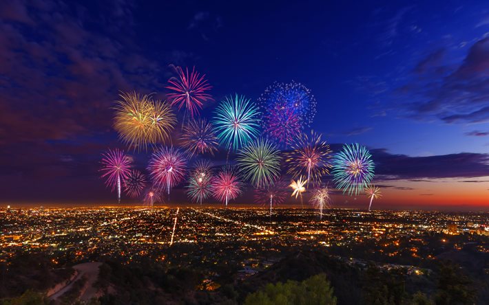 Los Angeles, Grand Parc, des feux d&#39;artifice du 4 juillet, Jour de l&#39;Ind&#233;pendance, nuit, paysage urbain de Los Angeles, Californie, &#233;tats-unis