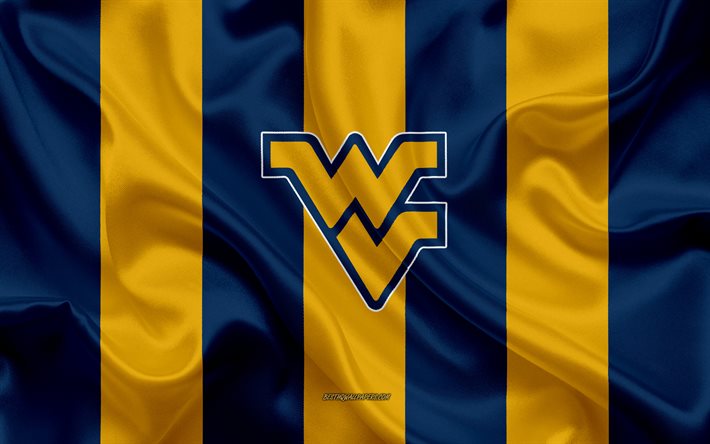 west virginia mountaineers american football team emblem, seiden-fahne, gelb-blau seide textur, ncaa west virginia bergsteiger-logo, morgantown, west virginia, usa, american football