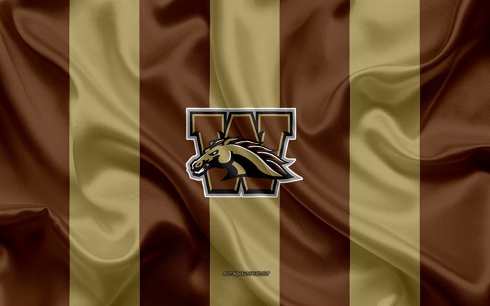 Western Michigan Broncos, Amerikkalainen jalkapallo joukkue, tunnus, silkki lippu, ruskea-kulta silkki tekstuuri, NCAA, Western Michigan Broncos logo, Kalamazoo, Michigan, USA, Amerikkalainen jalkapallo