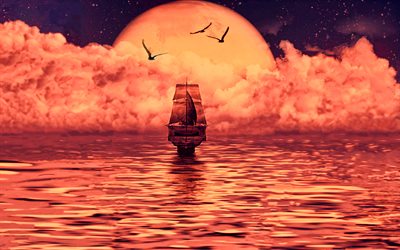 veleiro, lua, nevoeiro, mar, resumo noturnas, criativo
