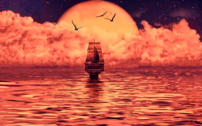sailboat, moon, fog, sea, abstract nightscapes, creative
