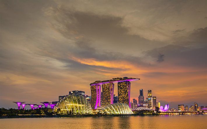 Singapur, Explanada, Teatros en la Bah&#237;a, el Marina Bay Sands, tarde, puesta de sol, rascacielos, paisaje urbano de Singapur, Singapur horizonte, Asia, Esplanade Theatres, Marina Bay