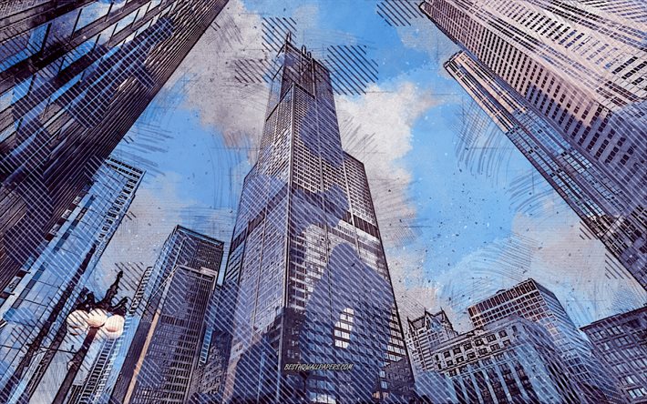 Willis Tower, Sears Tower, Chicago, Illinois, USA, grunge art, creative art, maalattu Willis Tower, piirustus, Willis Tower grunge, digitaalista taidetta, Chicago grunge, maalattu Chicago