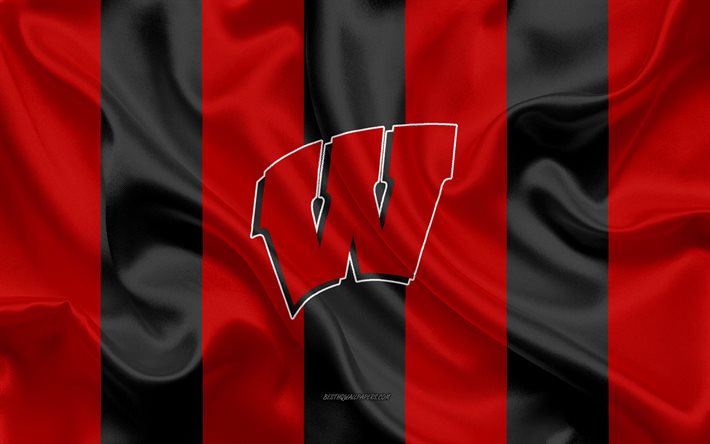 Wisconsin Badgers, American football team, emblem, silk flag, red-black silk texture, NCAA, Wisconsin Badgers logo, Madison, Wisconsin, USA, American football